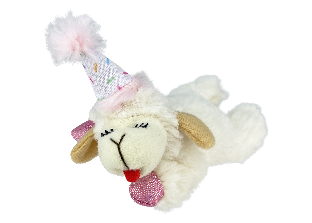 Multipet Lamb Chop w/ Birthday Hat Pink Cat Toy, 4"