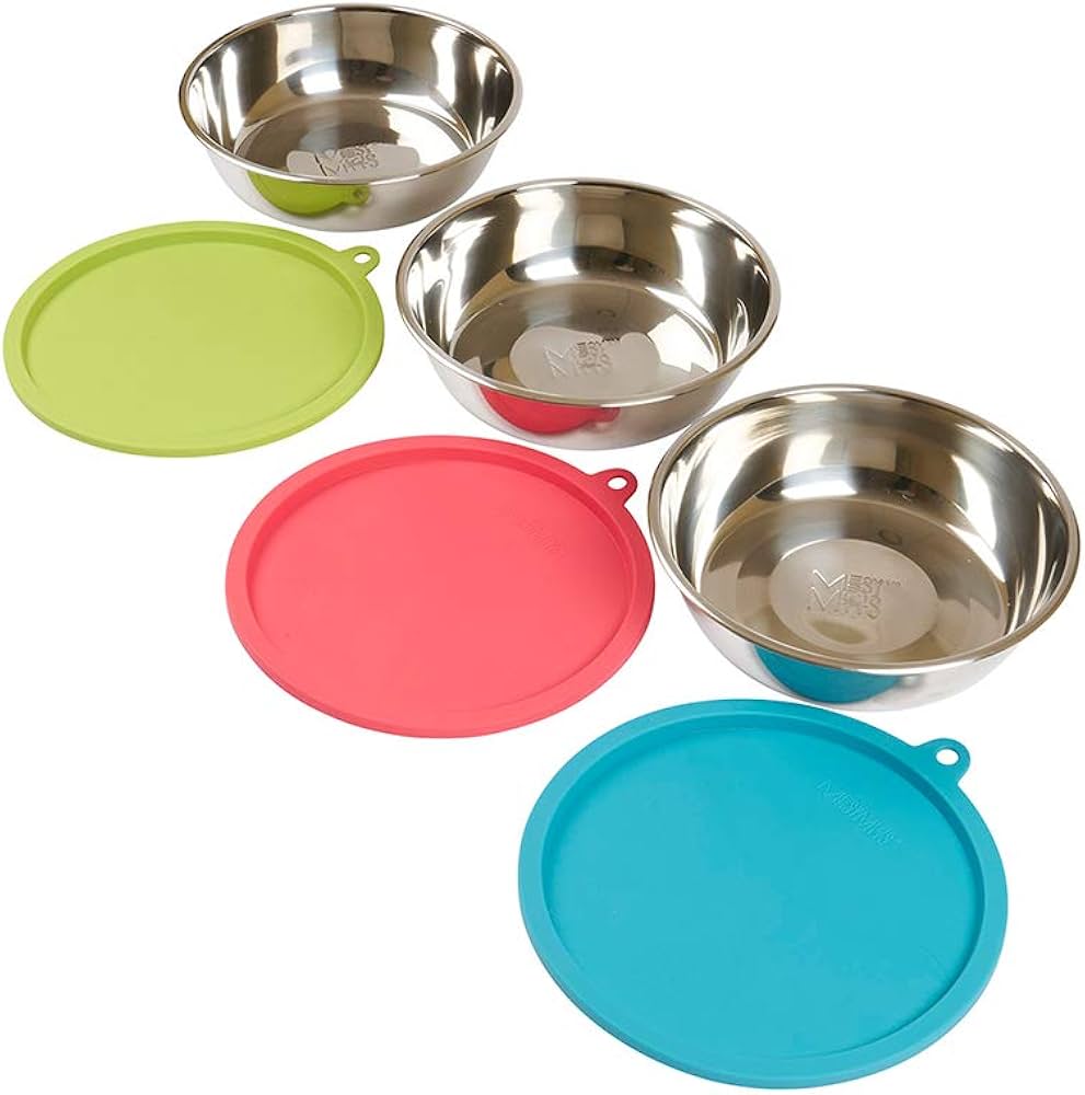 Messy Mutts 6pc Bowl w/Lid Box Set, 3 x LG Bowls (3 Cups) & Lids (Green, Blue, Watermelon)
