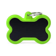 MyFamily Hushtag Aluminum Black Bone ID Tag, Green Rubber