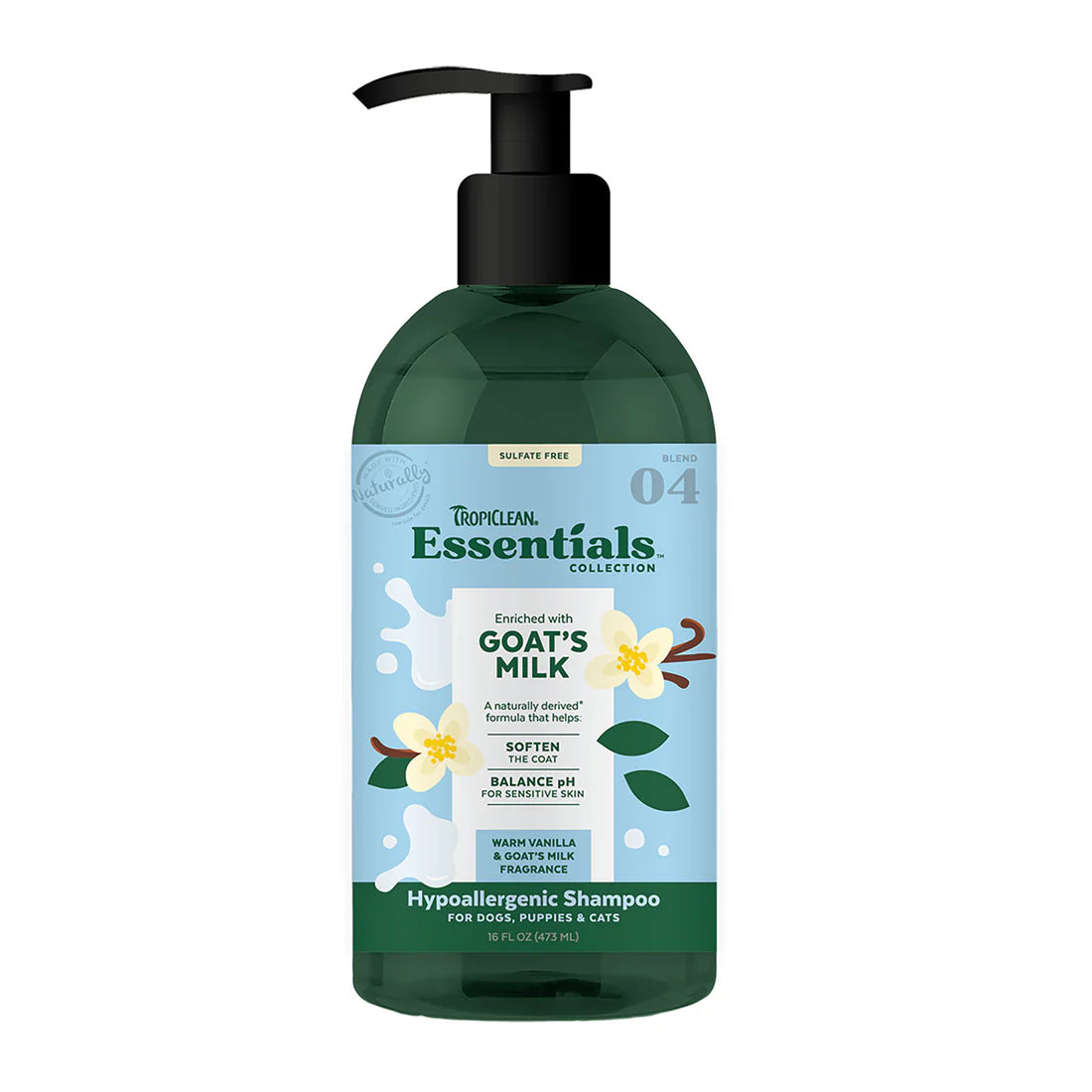 Tropiclean Essentials Collection Warm Vanilla & Goats Milk Hypoallergenic Shampoo, 16oz
