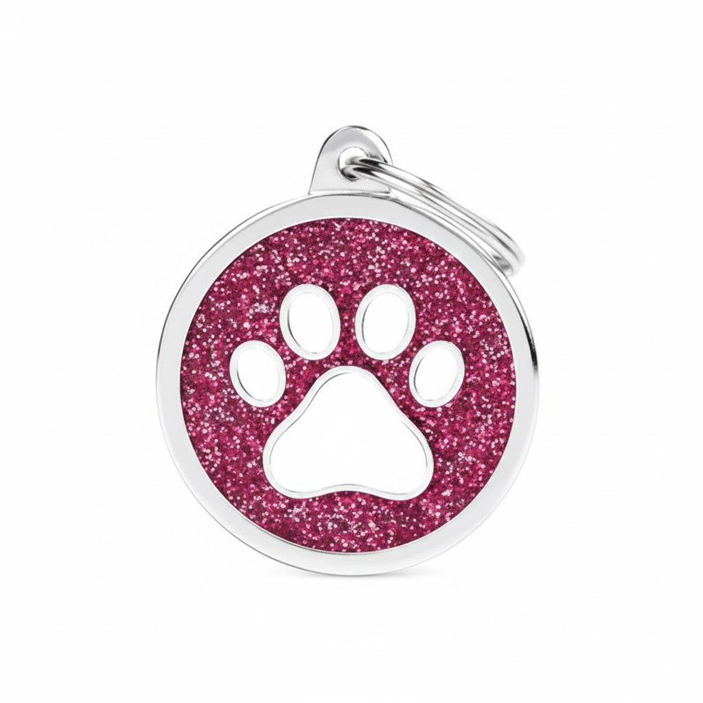 MyFamily Shine Big Circle White Paw ID Tag, Glitter Pink
