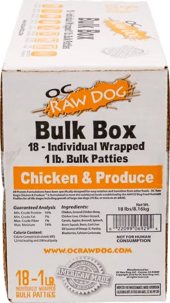 OC Raw Frozen Patties Chicken & Produce Bulk Box, 18lbs