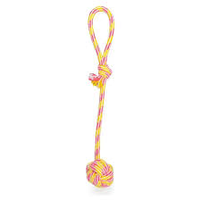 Thoozy Ball Tug Rope Toy With Handle, Yellow/Pink 17"