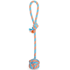 Thoozy Ball Tug Rope Toy With Handle, Blue/Red, 17"