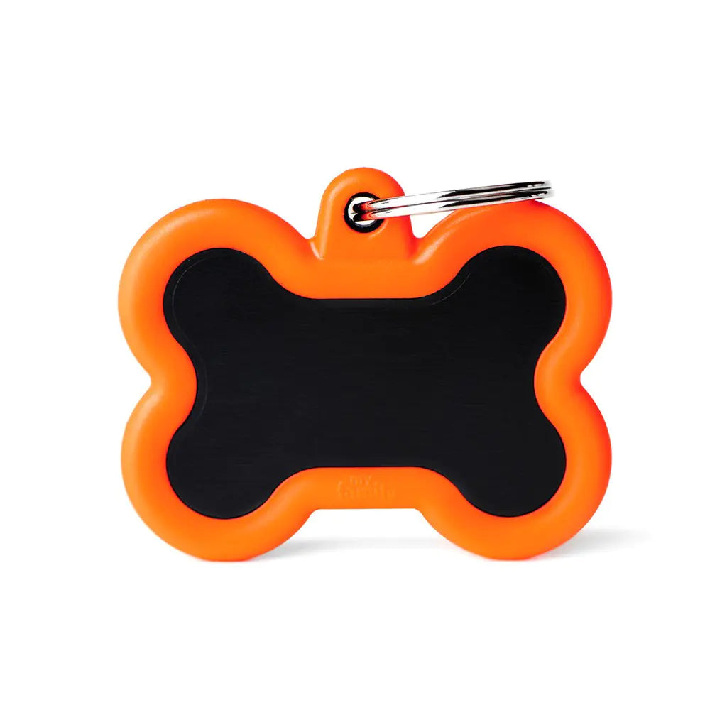 MyFamily Hushtag Aluminum Black Bone ID Tag, Orange Rubber